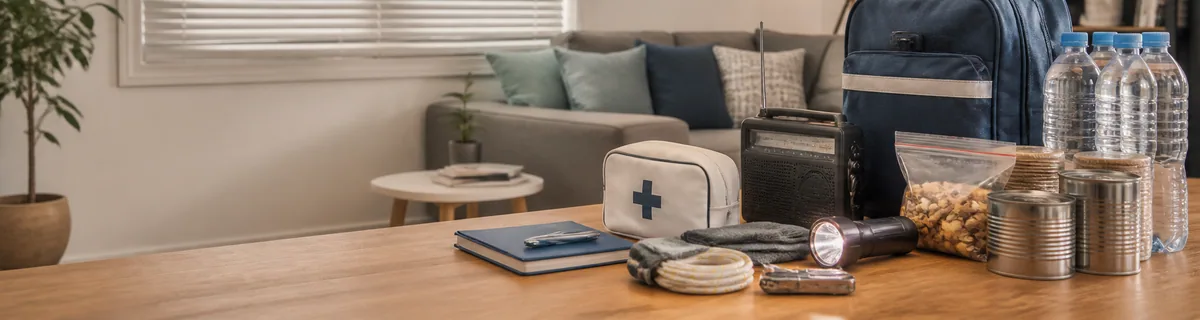 Radio, agua y kit familiar preparados en una vivienda cerrada para una emergencia