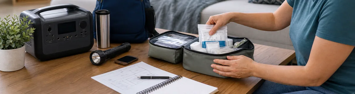 Persona organizando un kit médico, contactos y energía de respaldo para una emergencia doméstica