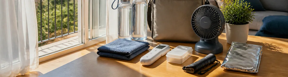 Agua, ventilador portátil y kit preparados para una ola de calor en casa