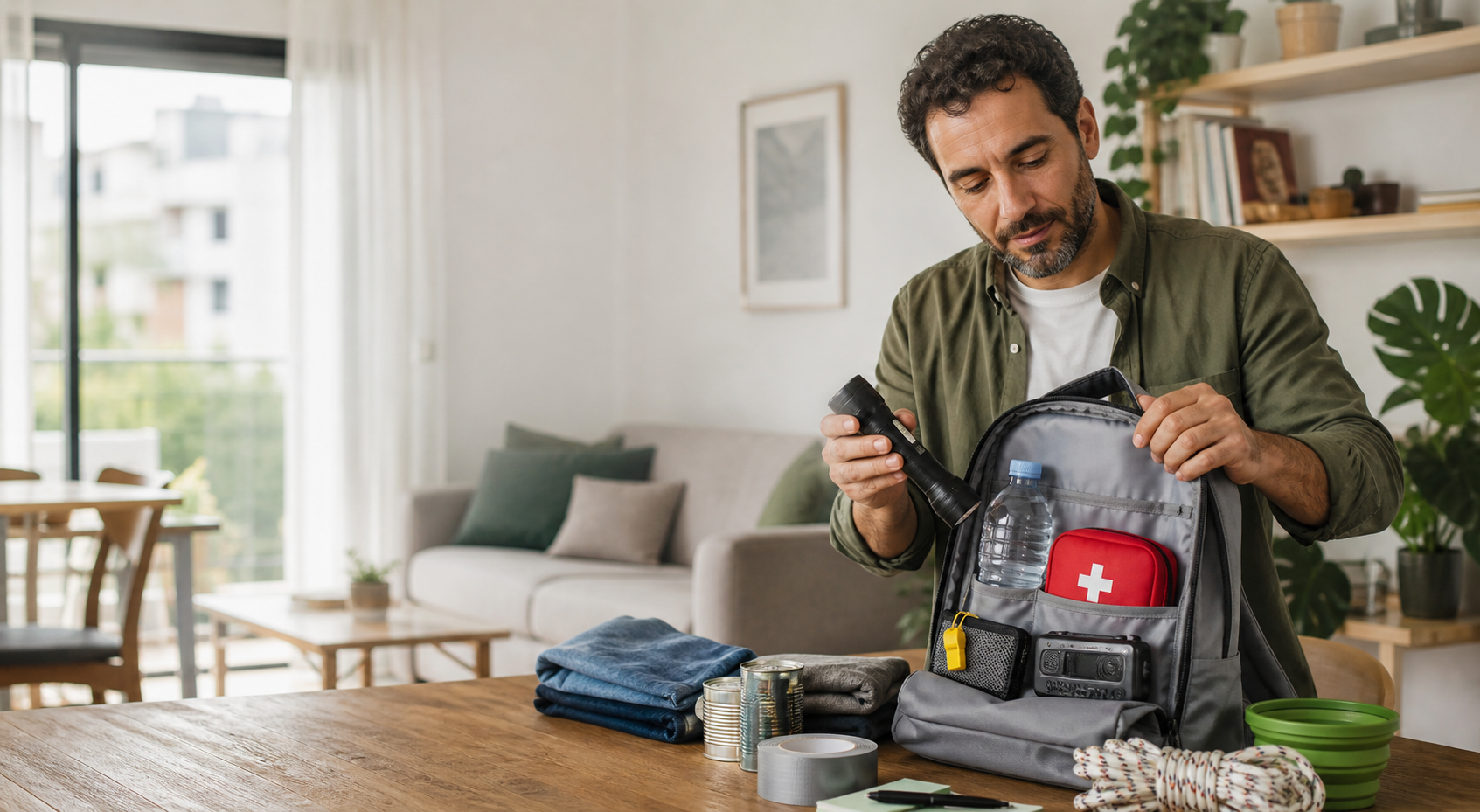 Familia preparando un kit de emergencia para terremotos en casa
