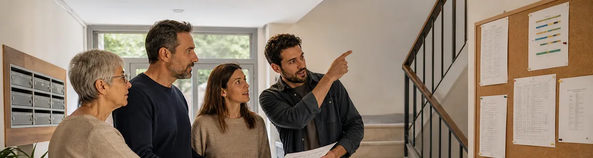 Vecinos revisando un plan de emergencia en el portal de un edificio