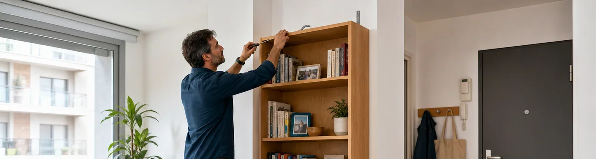 Persona asegurando una estantería en una vivienda preparada para un terremoto
