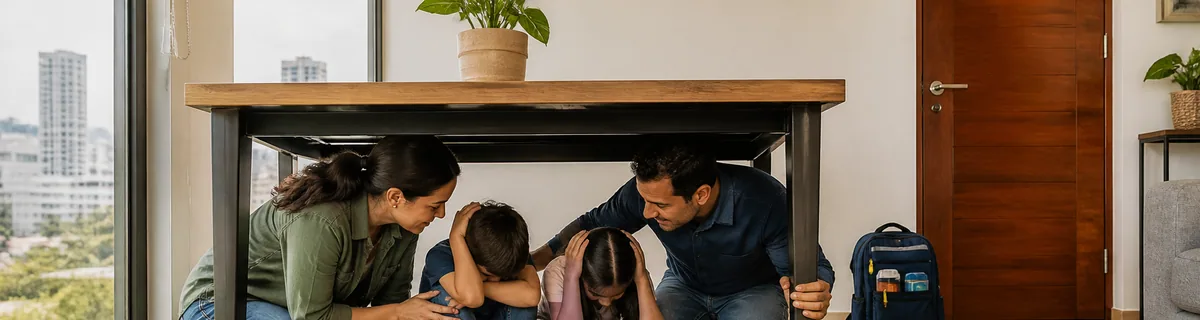 Familia practicando un simulacro de terremoto bajo una mesa resistente