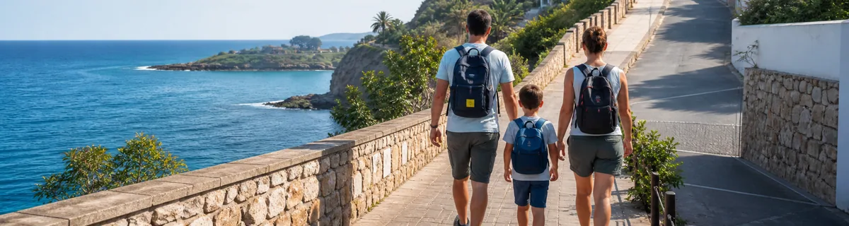 Familia preparada caminando hacia una zona elevada desde una costa española